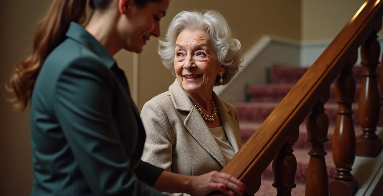 Elderly guest being assisted with mobility aid near ornate castle staircase with elevator visible in background