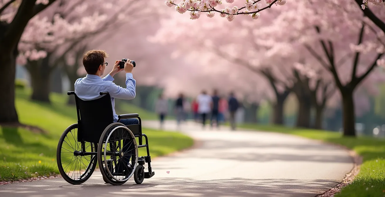 Paved accessible pathway through cherry blossom grove with a wheelchair user enjoying the blooms