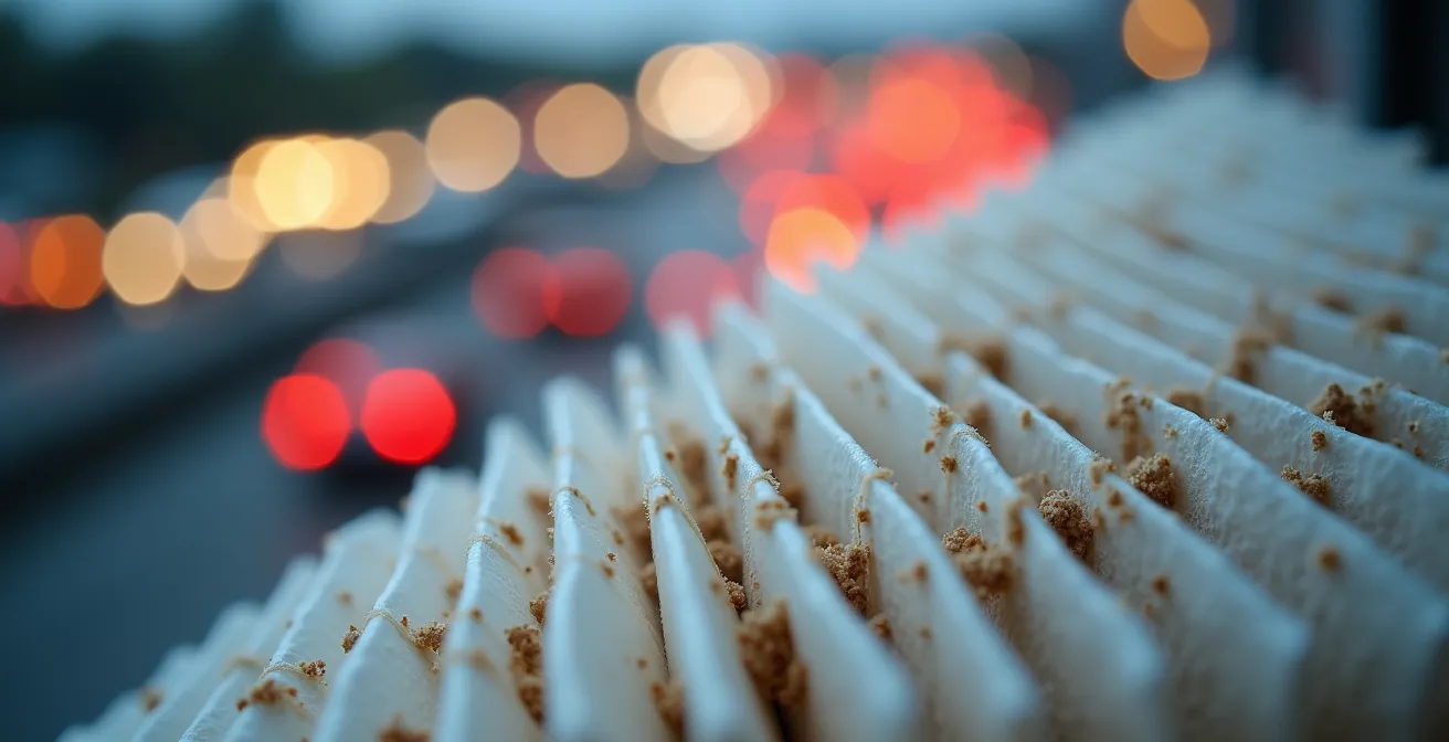 Close-up of HEPA filter layers showing captured particles against Toronto cityscape backdrop