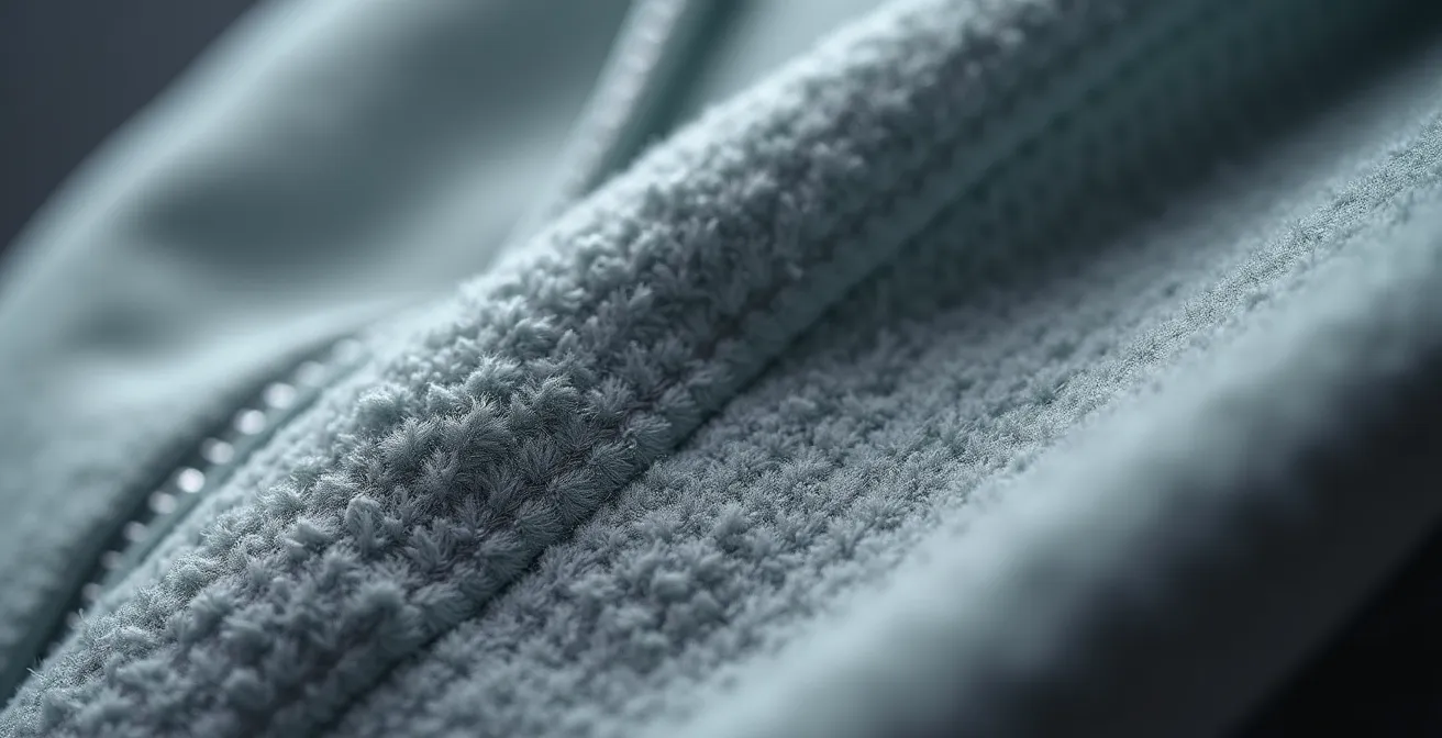 Close-up macro shot of authentic Essentials hoodie fabric texture and stitching details