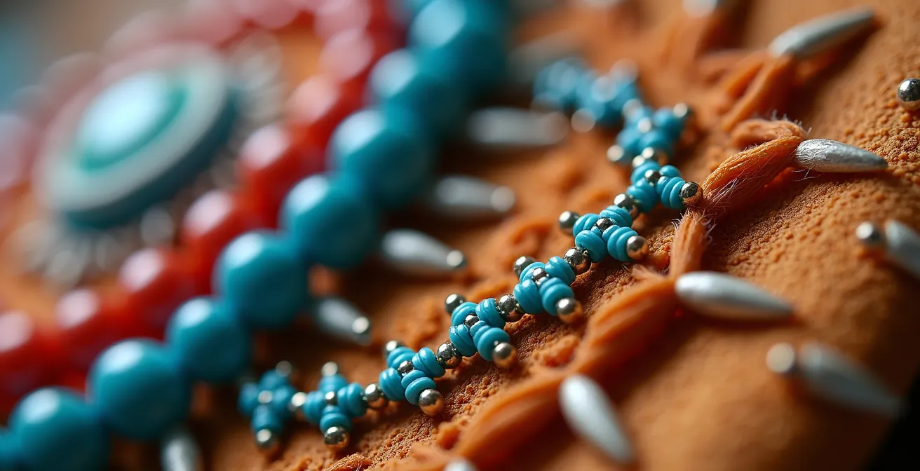 Extreme close-up of authentic Indigenous beadwork showing intricate hand-stitched patterns and natural materials
