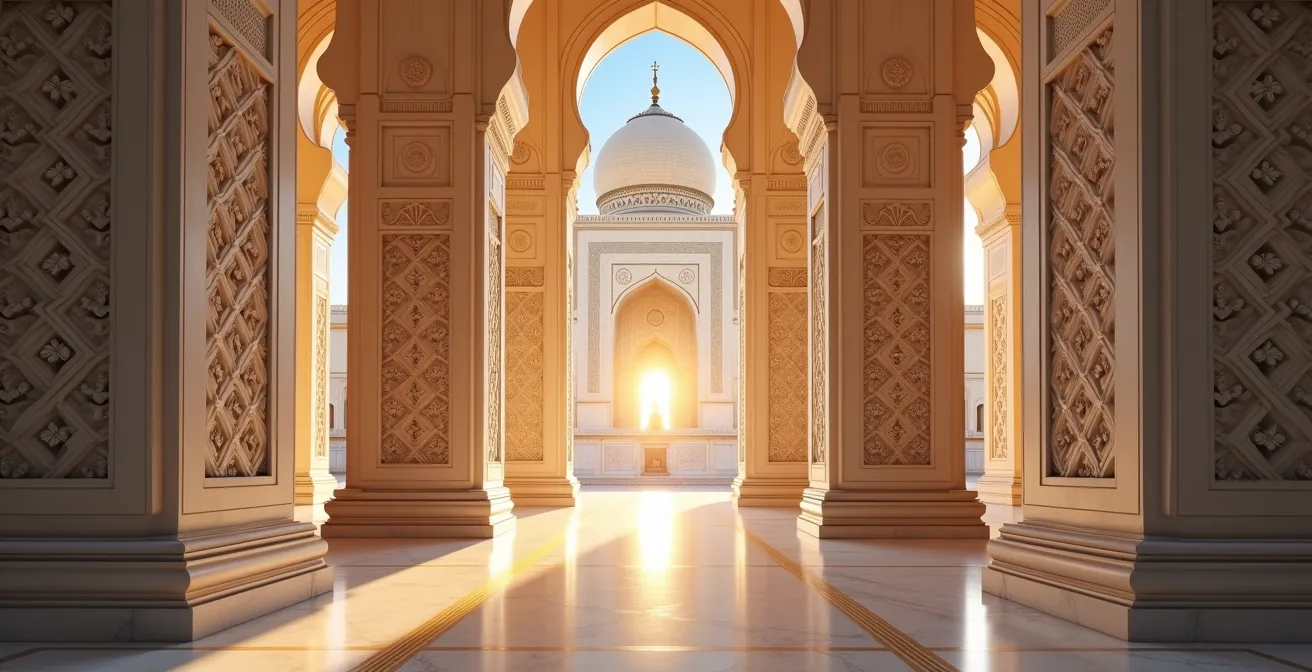 Ornate marble Hindu temple architecture with intricate carvings in golden hour light