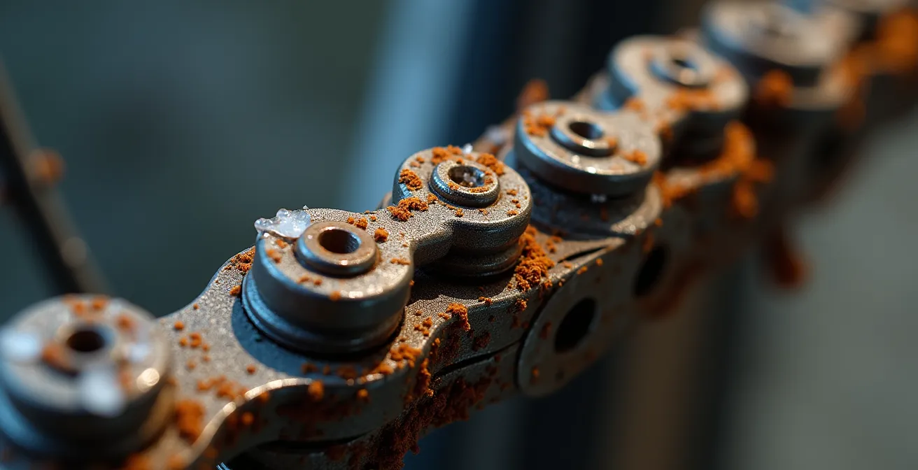Extreme close-up of corroded bike chain showing salt damage patterns