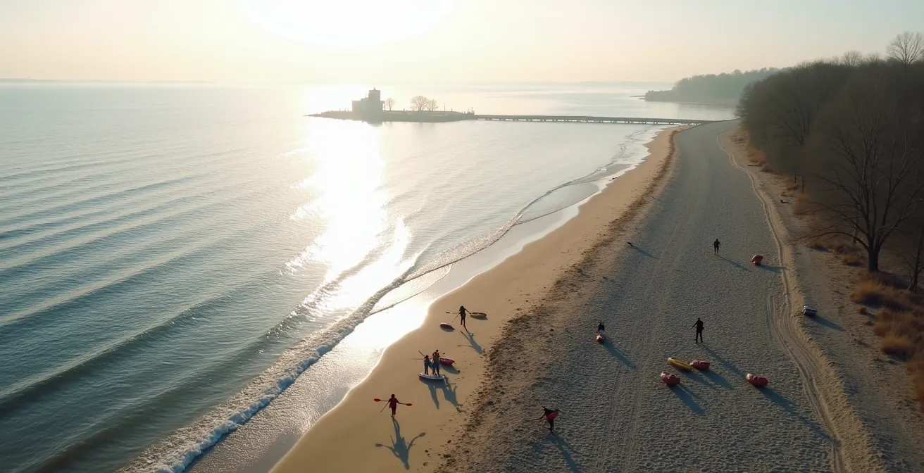 Aerial view of Cherry Beach launch point with kayakers preparing at water's edge