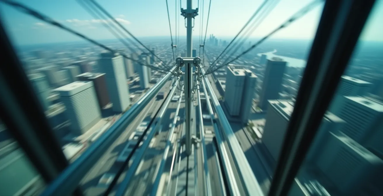 View from inside the glass-paneled elevator ascending the CN Tower, with the city of Toronto shrinking rapidly below.