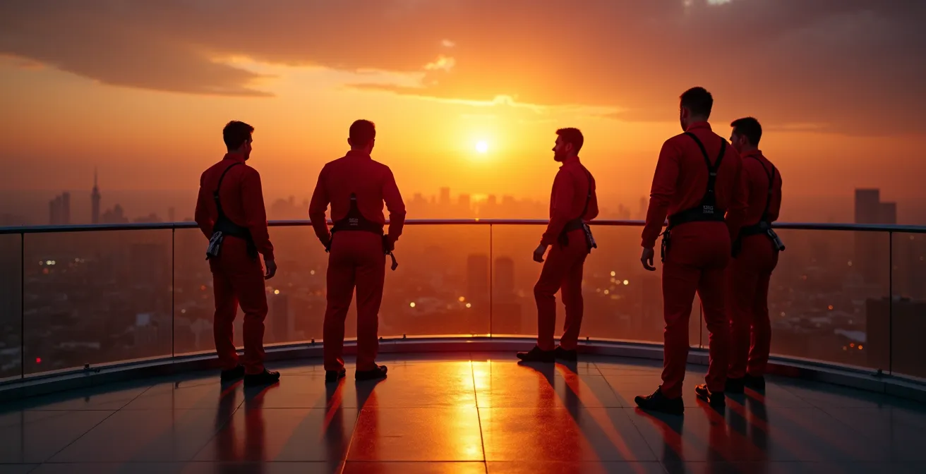 EdgeWalk participants silhouetted against a golden sunset over the Toronto skyline