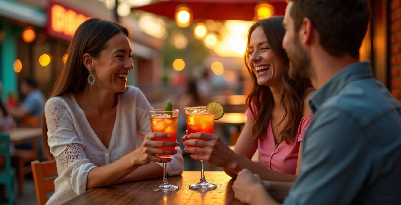 Vibrant Mexican restaurant patio with string lights and fire features at sunset