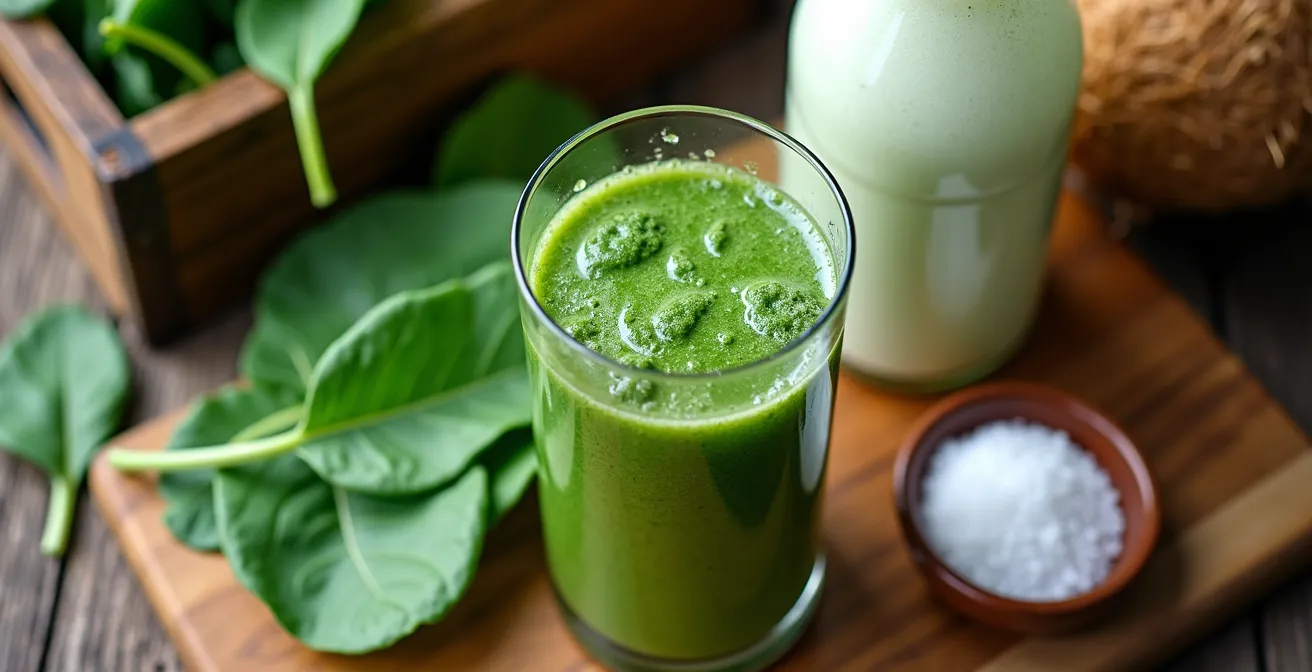 Fresh coconut water, spinach leaves, and sea salt arranged on a wooden cutting board with St. Lawrence Market produce