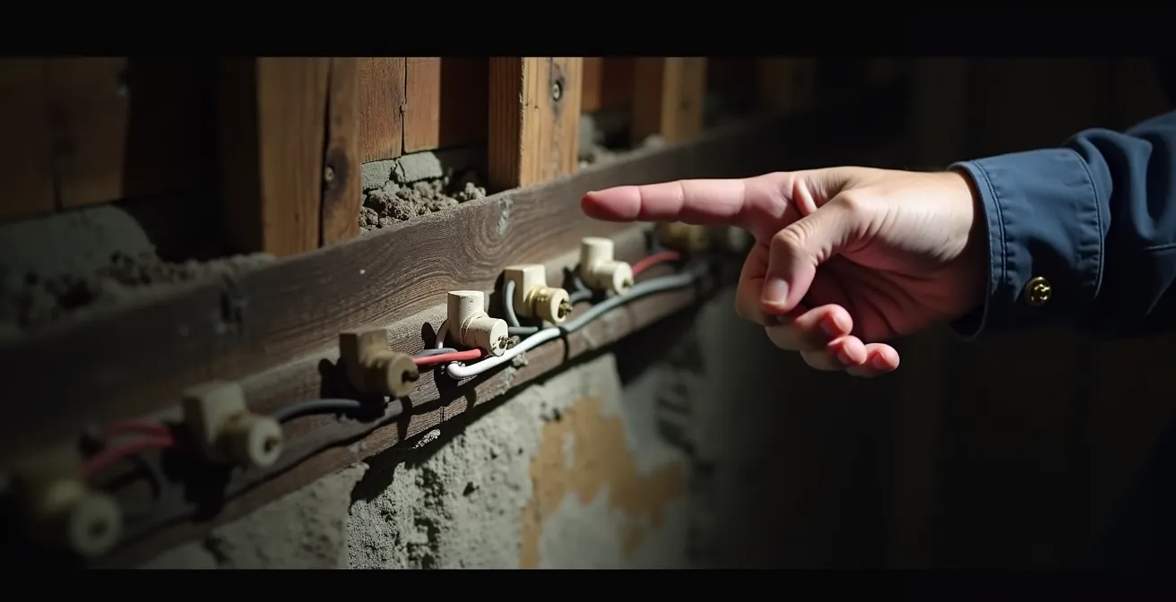 Historic knob and tube electrical wiring visible in Toronto heritage home basement