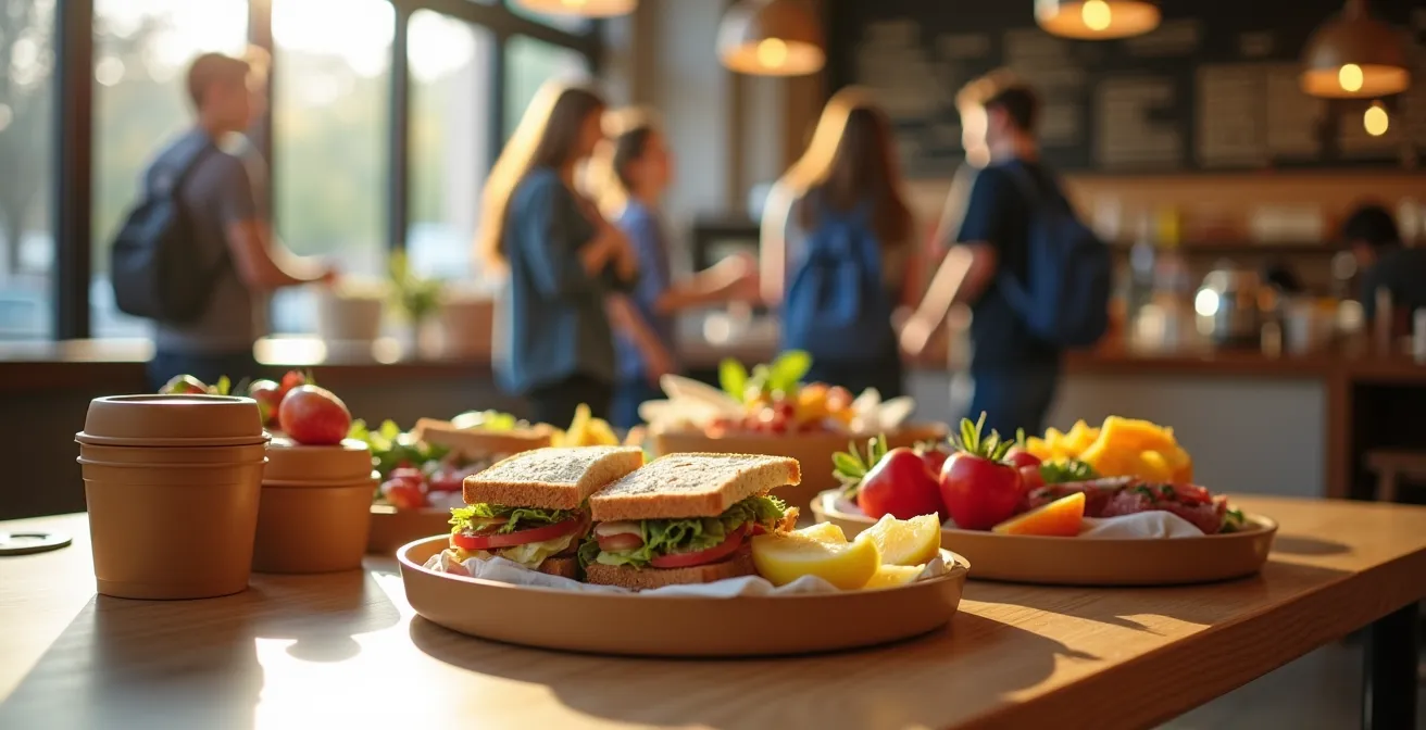 A family enjoying packed lunch in ROM's bright atrium seating area