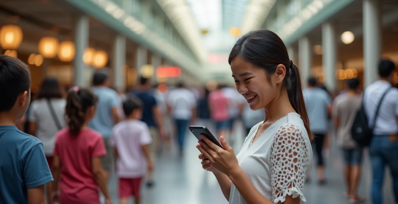 Split view showing two separate lines at ferry terminal entrance for ticket holders versus ticket purchasers