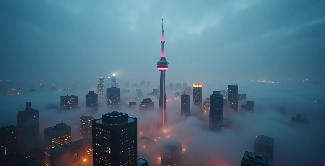 CN Tower partially obscured by dramatic fog with city lights glowing through mist