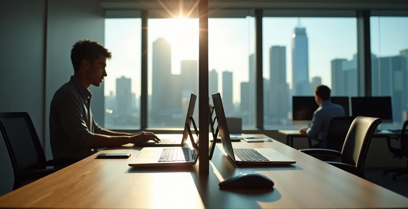 Split scene showing freelancer and employee workspaces in Toronto tech environment