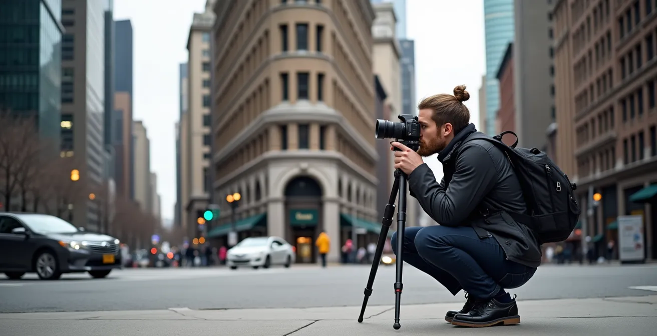 Photographer using telephoto lens to capture Gooderham Building with compressed perspective