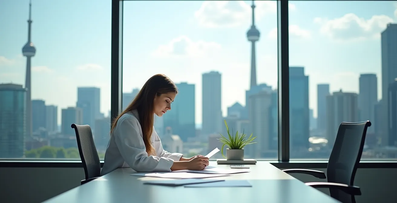 Researcher reviewing grant documents in a Toronto medical facility