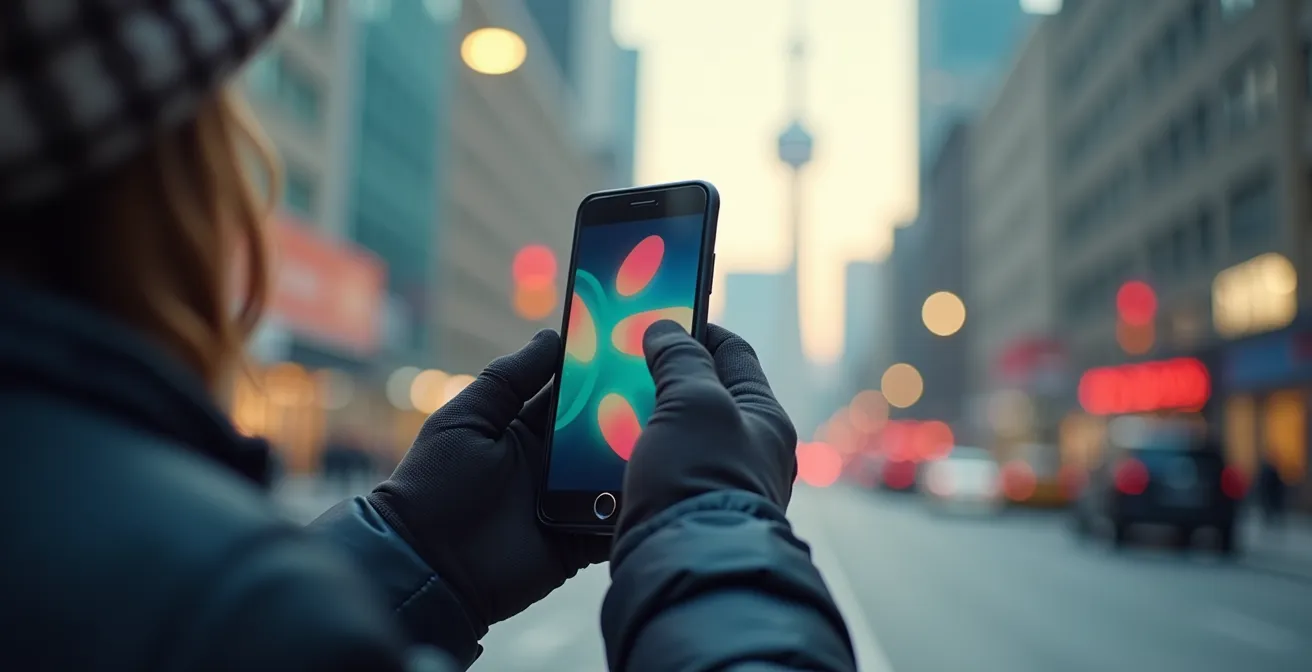 Hand holding smartphone displaying parking app with Toronto cityscape in background