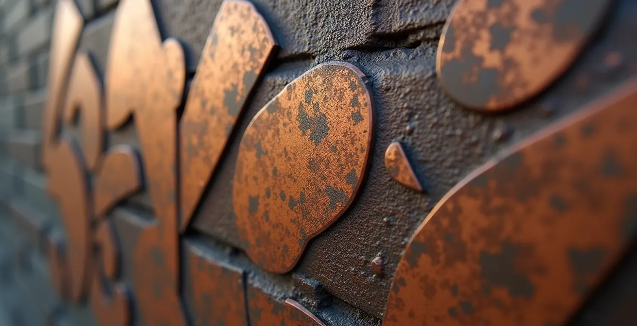 Close-up macro shot of weathered metal sculpture texture in historic brick alley