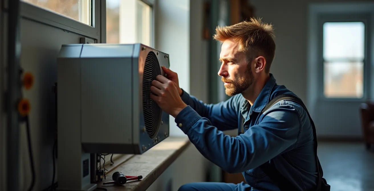 Professional HVAC technician working on fan coil unit installation