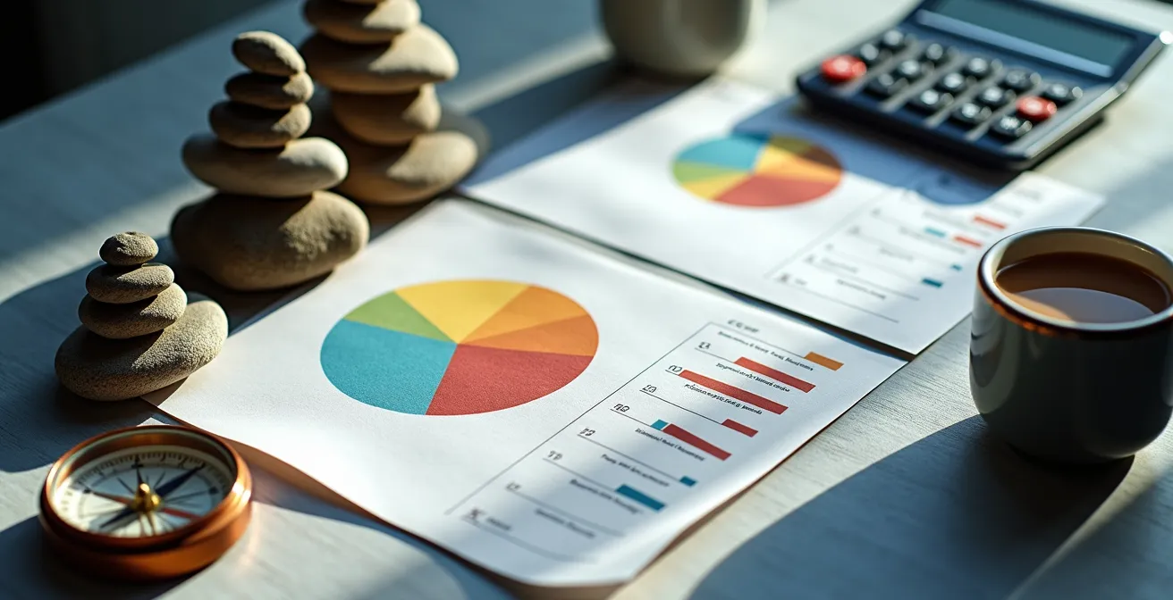 Overhead view of organized desk with financial charts and coffee