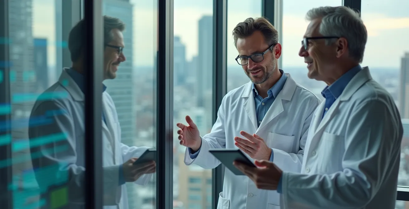 Scientists collaborating in modern biotech incubator space with Toronto cityscape in background