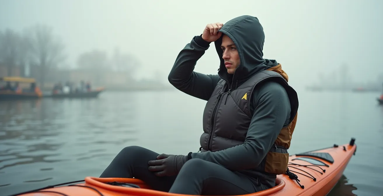 Close-up of kayaker wearing proper neoprene wetsuit and safety gear on water