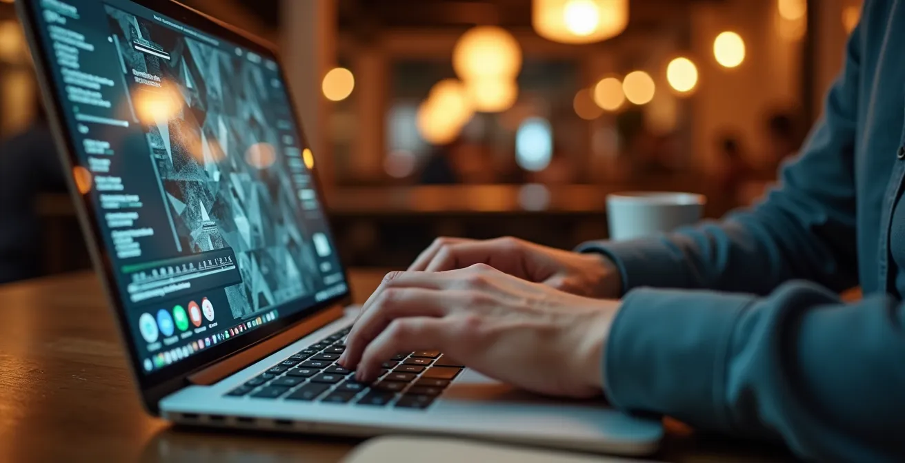 Close-up of laptop with privacy screen filter in busy cafe environment