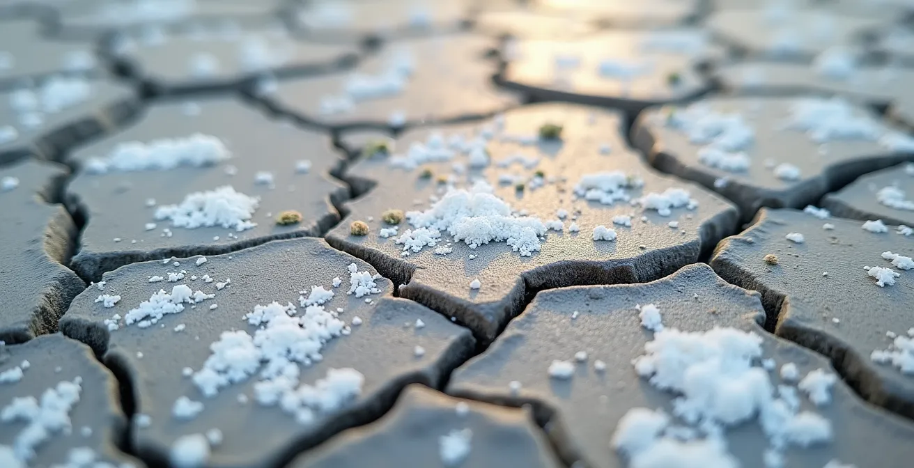 Close-up inspection of water damage on concrete balcony surface