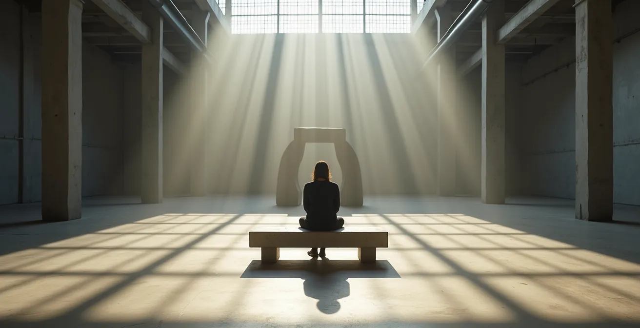 A visitor sitting on a minimalist bench in MOCA's industrial space, contemplating artwork with natural light creating dramatic shadows