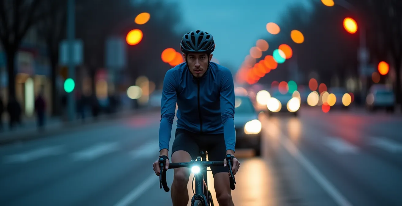 Cyclist at dusk showing strategic placement of multiple bike lights for visibility