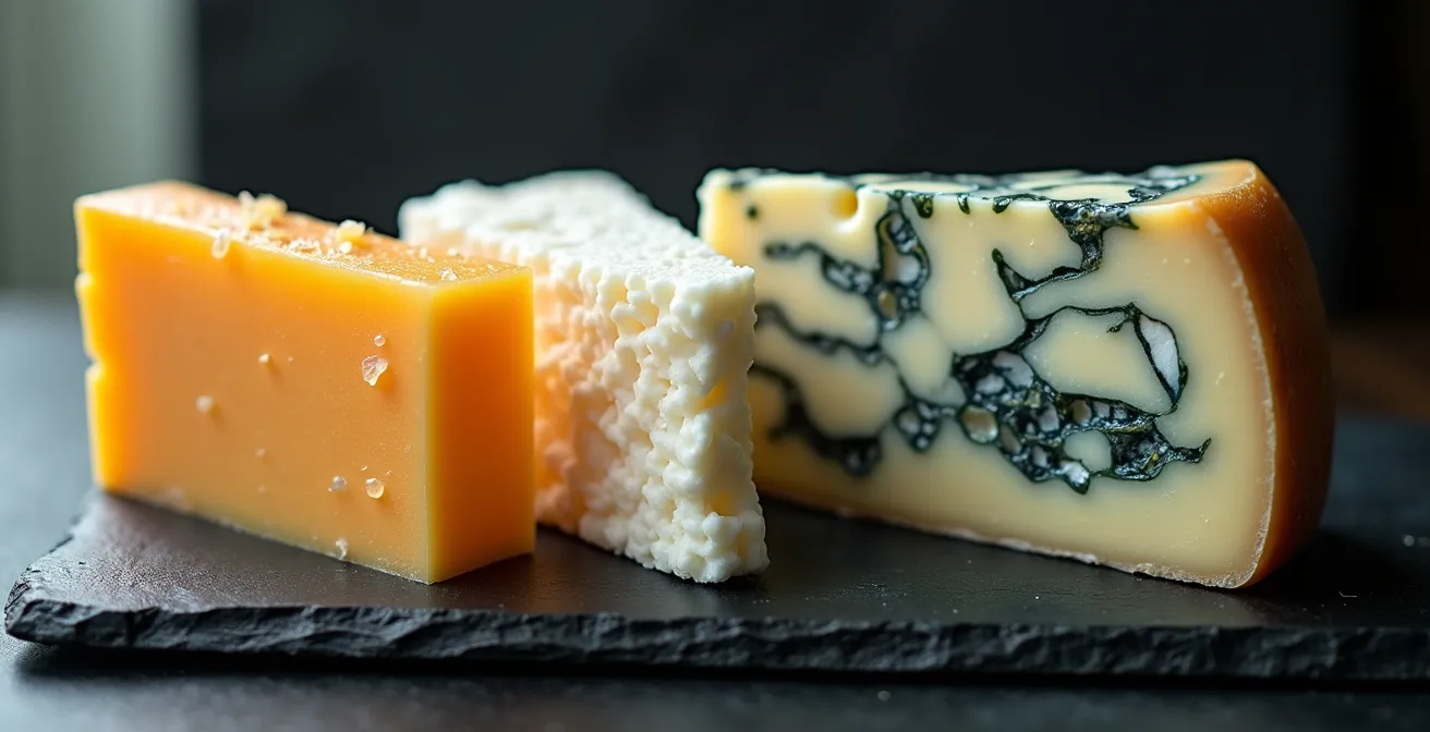 Close-up macro shot of three Ontario cheese textures showing aged cheddar crystallization, creamy brie, and blue cheese veining