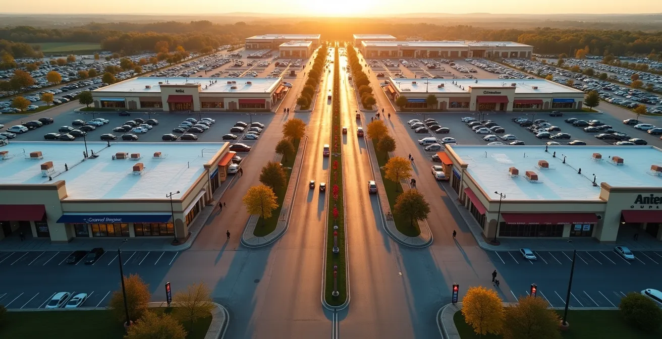 Aerial view comparing two outlet malls with parking lots and shoppers