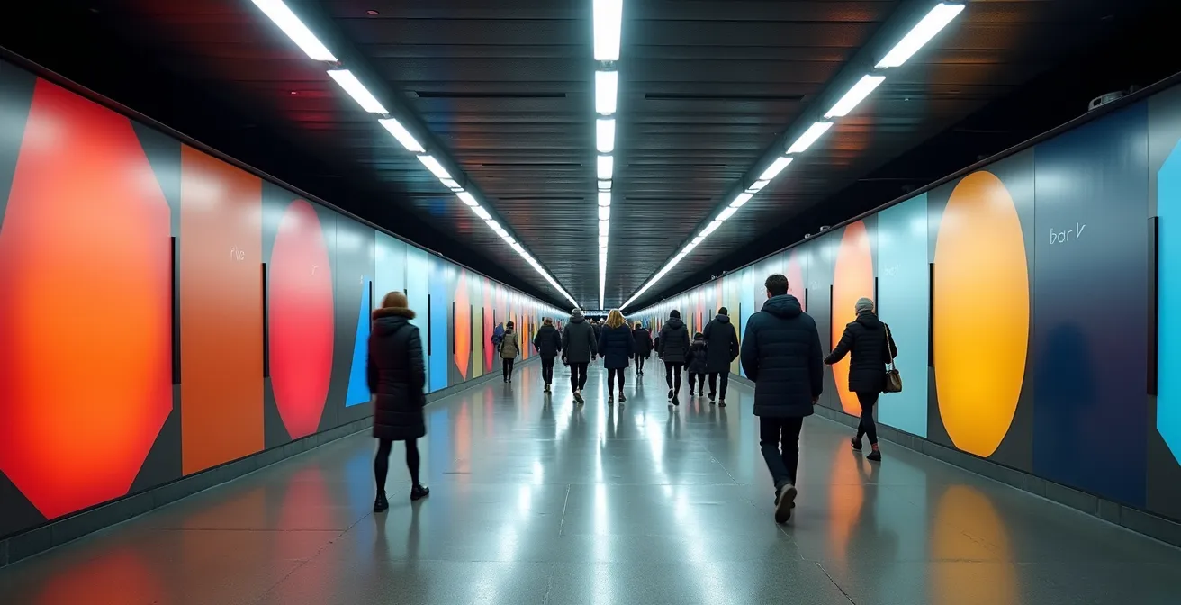 Underground PATH walkway with colorful directional markers and commuters walking