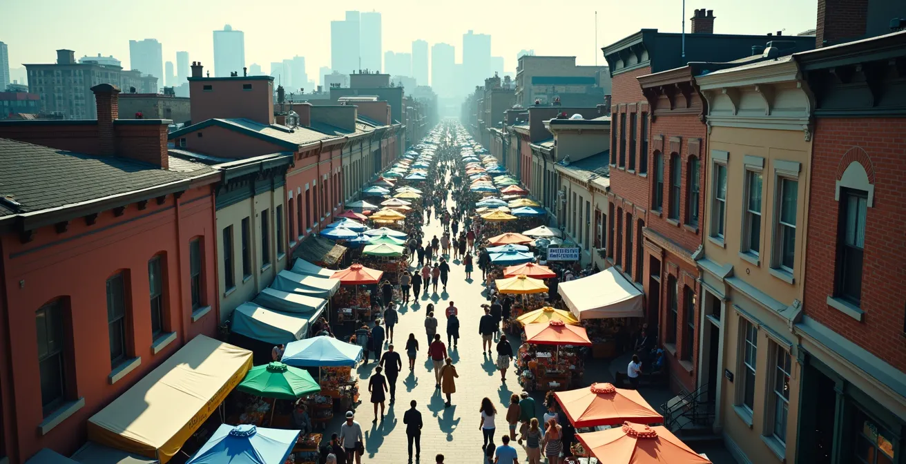 Aerial view of pedestrian-filled streets during Kensington Market's Pedestrian Sunday with colorful Victorian buildings