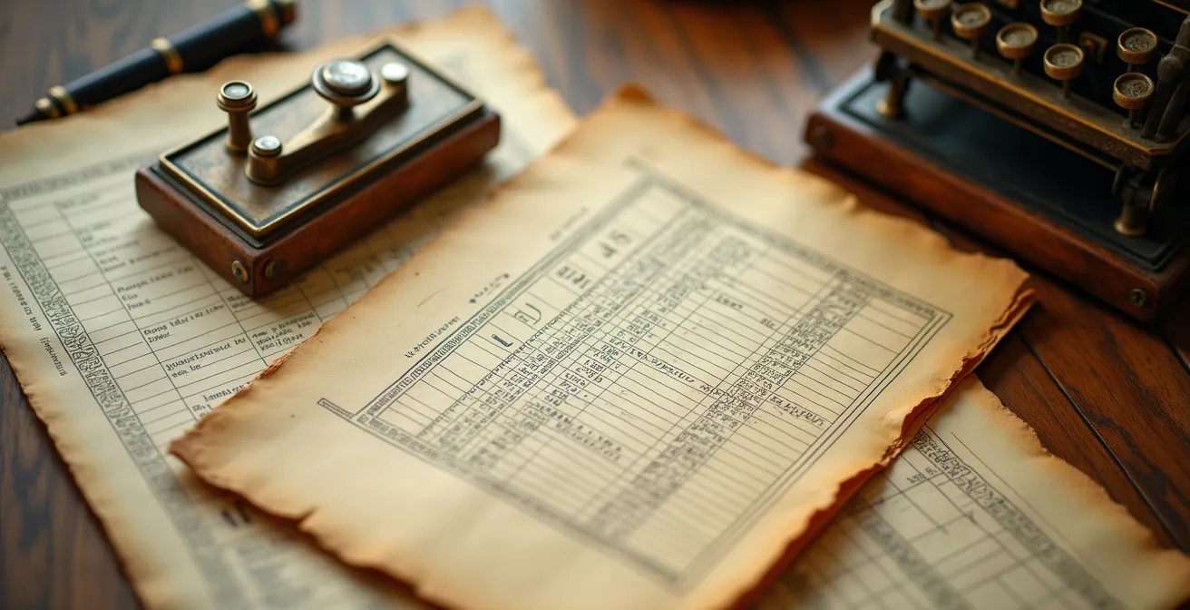 Historical financial documents and ledgers on a mahogany desk from the 1920s era