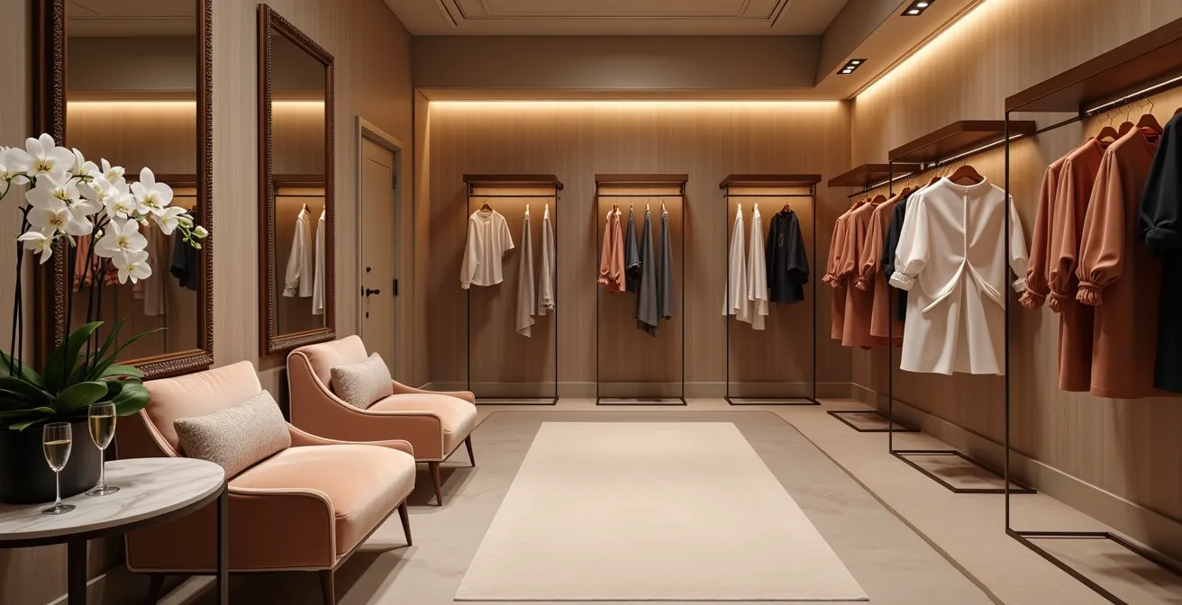 Luxurious private shopping suite with elegant seating and curated displays