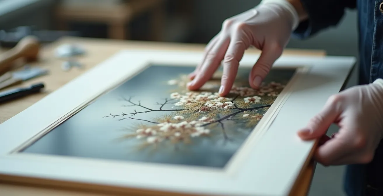 Close-up of professional framing process with archival materials