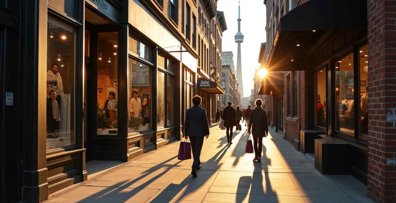 Wide shot of Queen West Toronto street with independent boutiques and creative storefronts