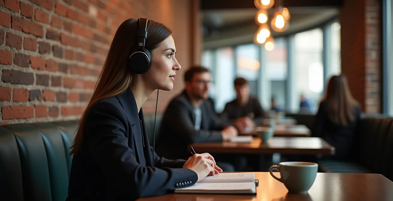 Professional working in secluded cafe corner with noise-canceling headphones and strategic positioning