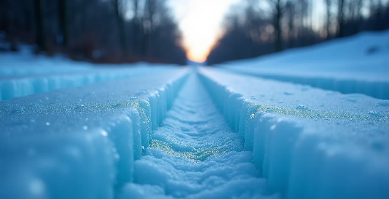 Close-up of icy toboggan track at dusk showing dangerous shadow patterns