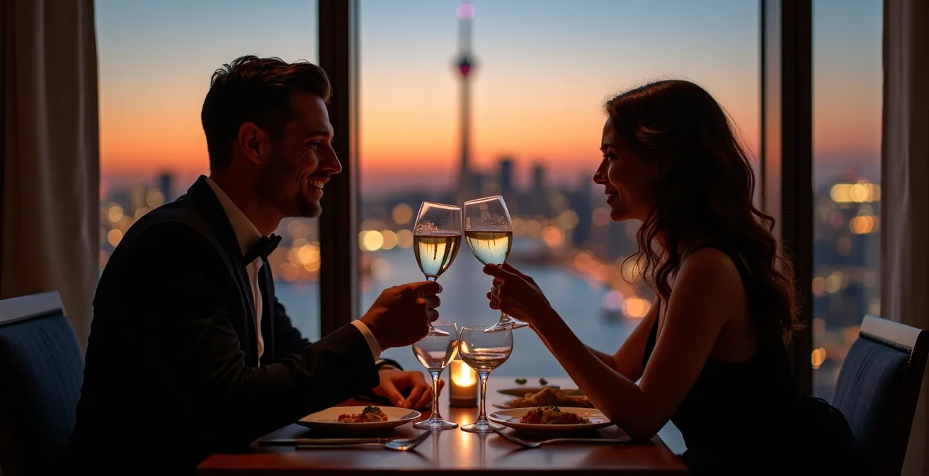 Elegant dining setup at a window table with a rotating view of the Toronto cityscape at sunset.