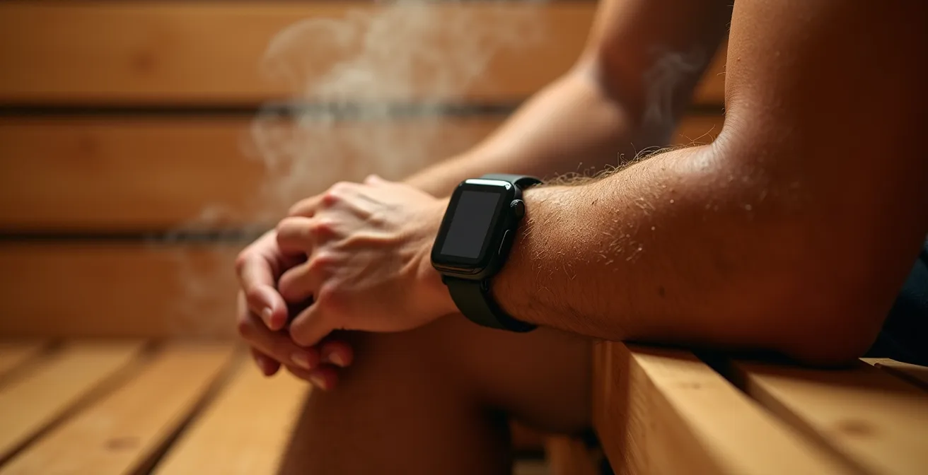 Person wearing a waterproof fitness tracker in a wooden sauna with visible condensation on glass walls