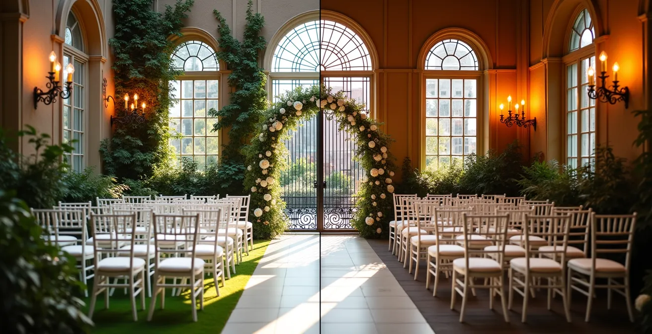Split composition showing summer garden wedding setup versus winter conservatory with dramatic lighting differences