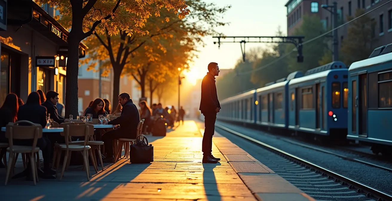 Split composition showing Liberty Village street cafe scene versus Burlington GO station platform during morning commute