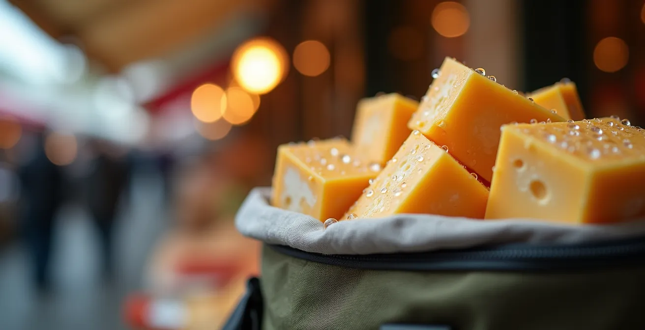 Close-up of insulated shopping bags with fresh cheese and produce at a Kensington Market stall