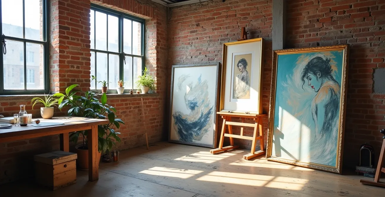 Artist studio space showing sustainable practices with vintage frames and local materials