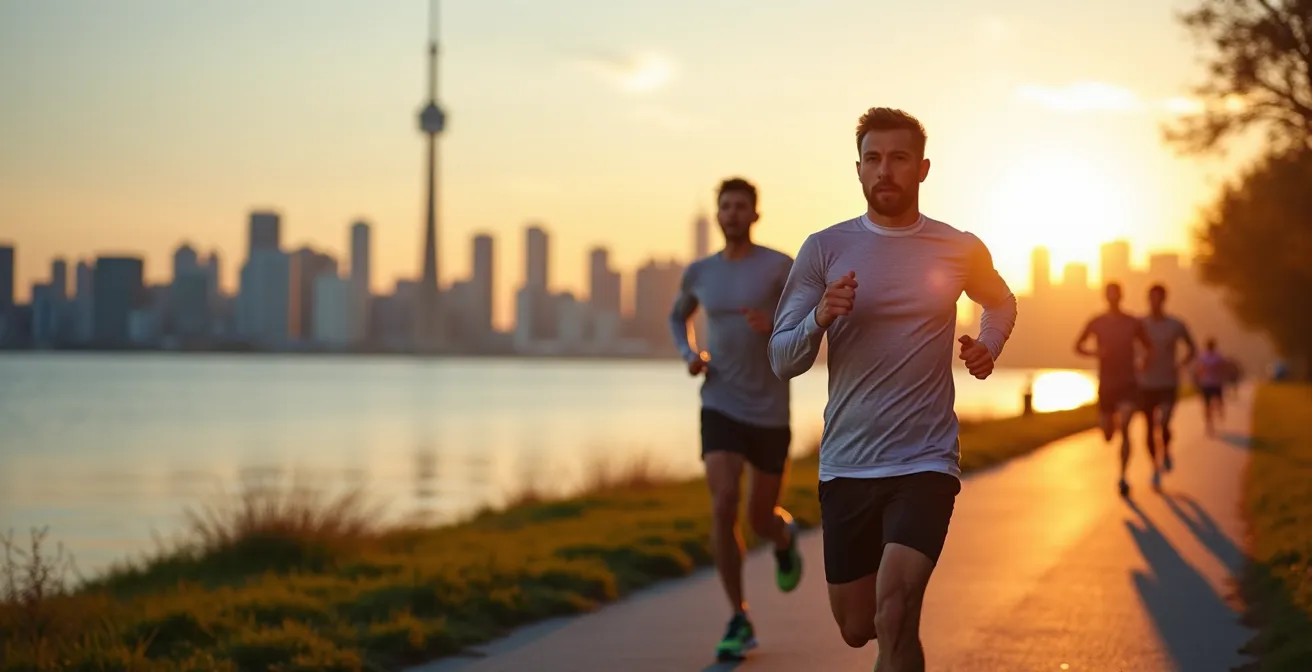 Business professional running along Martin Goodman Trail with Toronto skyline at sunrise