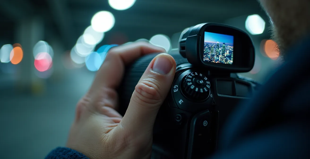 Photographer on public parking garage rooftop capturing Toronto skyline at blue hour