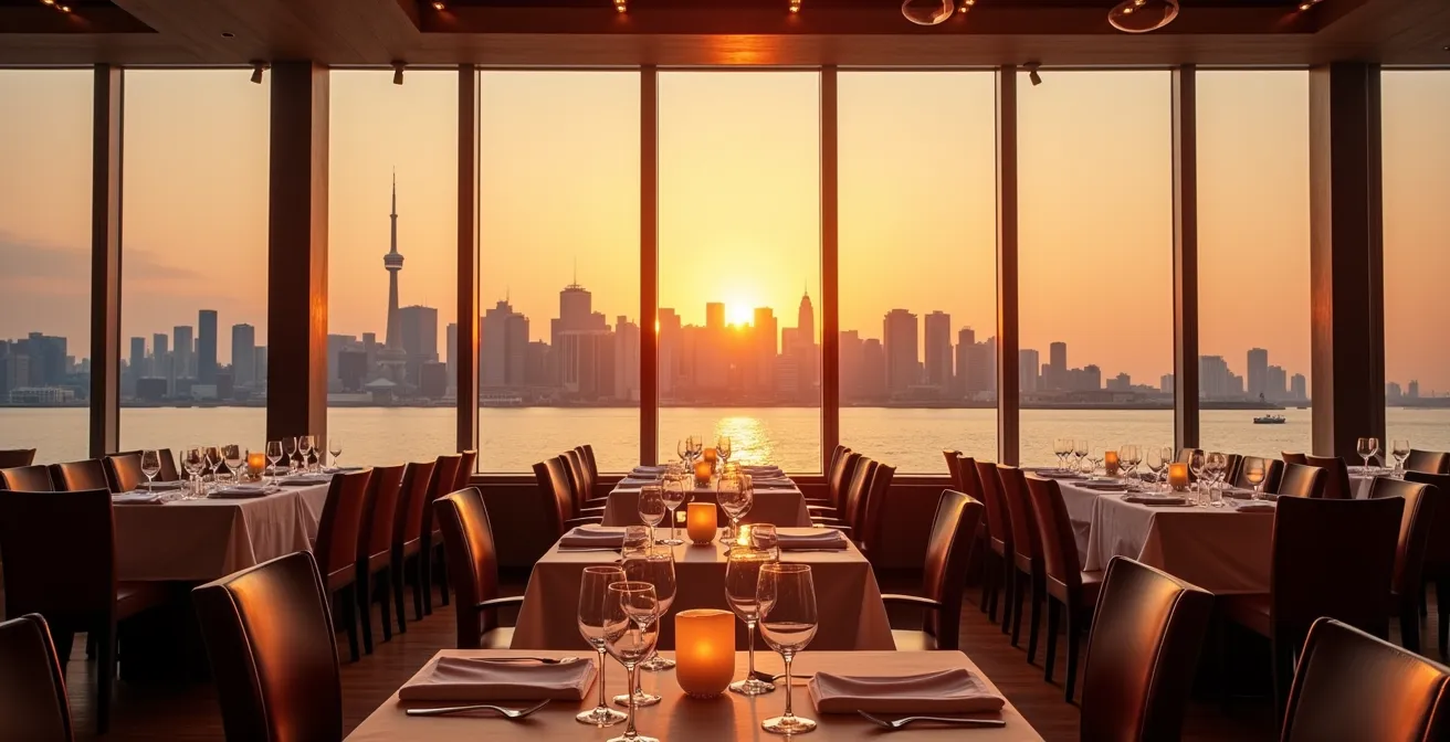 Expansive Toronto skyline during golden hour viewed through restaurant window