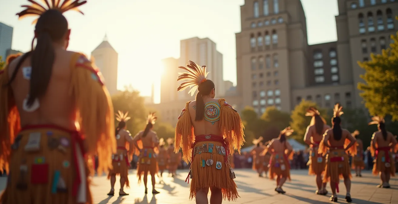 Wide shot of Indigenous cultural celebration at Nathan Phillips Square with Toronto City Hall in background
