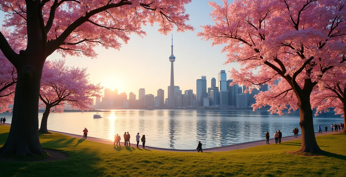 Cherry blossom trees on Toronto Islands with the CN Tower and city skyline visible across the water